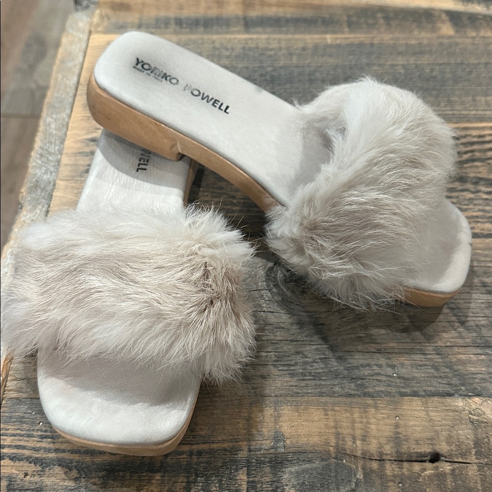 YORIKO POWELL RABBIT Genuine Fur Slides Mules